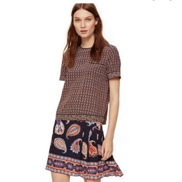 Tory Burch Etno Silk Paisley Printed Pleated Skirt Womens Size 4 Navy/Orange EUC - Picture 1 of 10